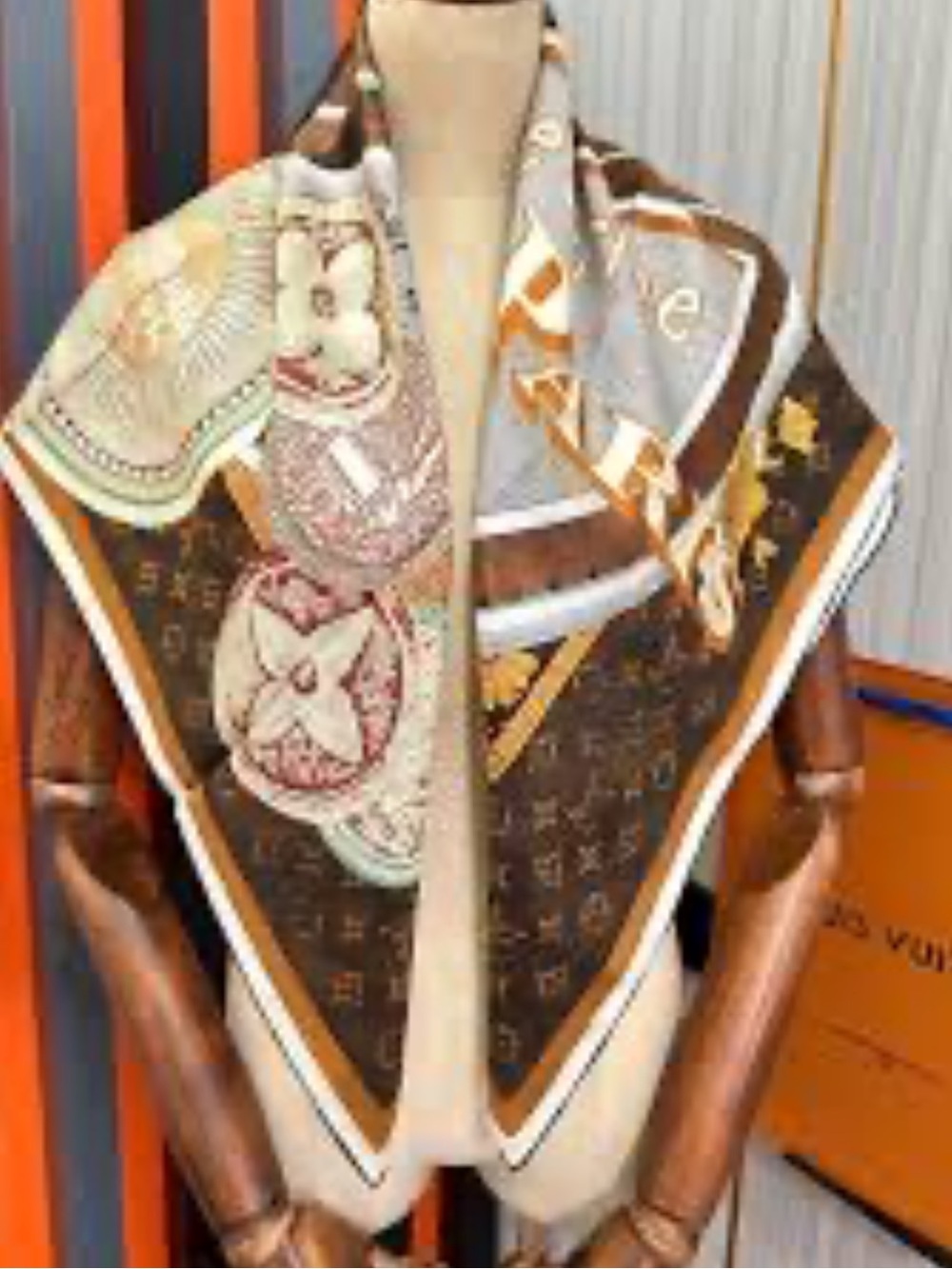 Brown & Cream Monogram Silk Shawl with Gold Accents